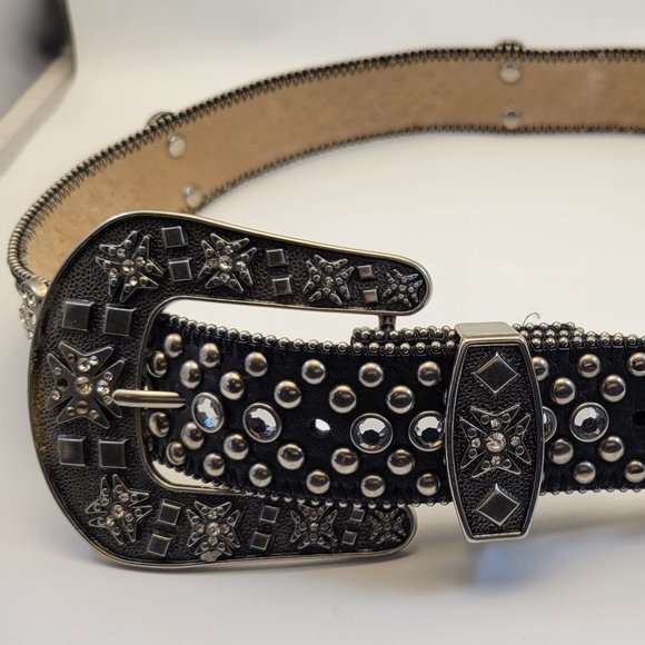 Genuine Black Italian Leather Studded Cross Bling Belt M - Picture 1 of 9